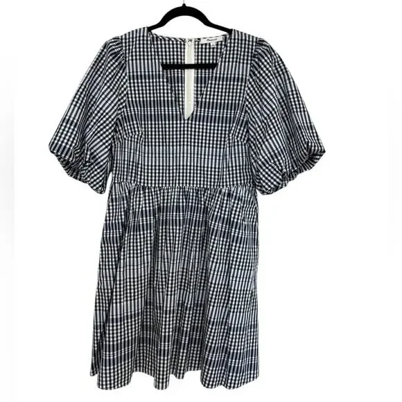 Madewell Poplin V-Neck Bubble-Sleeve Mini Dress in Plaid - Size 10 - Picture 3 of 8